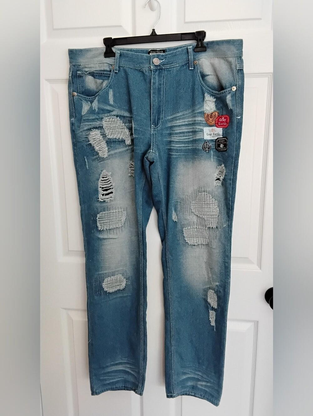 Gray Earth Light Blue Distressed Straight-Leg Jeans for Men